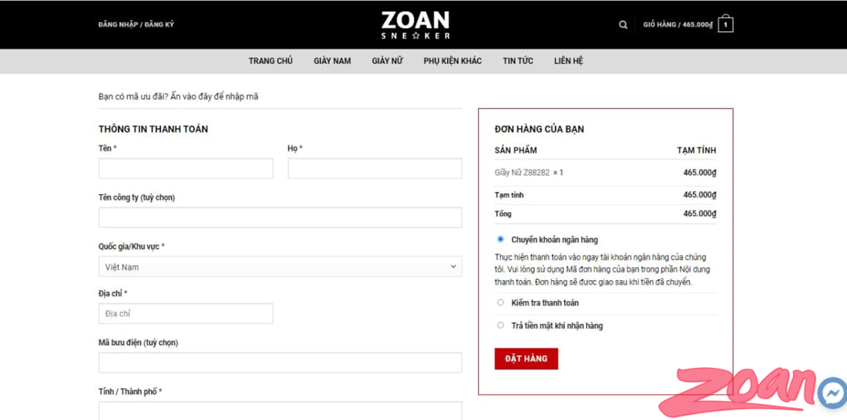 thanh toán online khi mua giày tại Zoan
