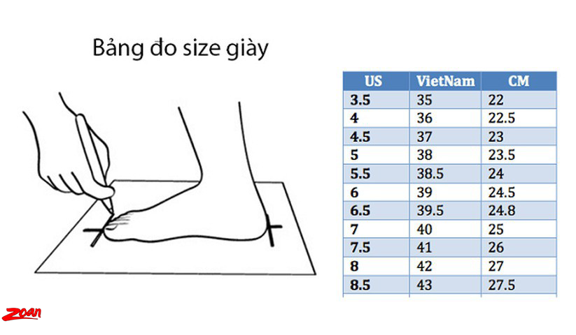 bảng đo size giày, cách chọn giày thể thao